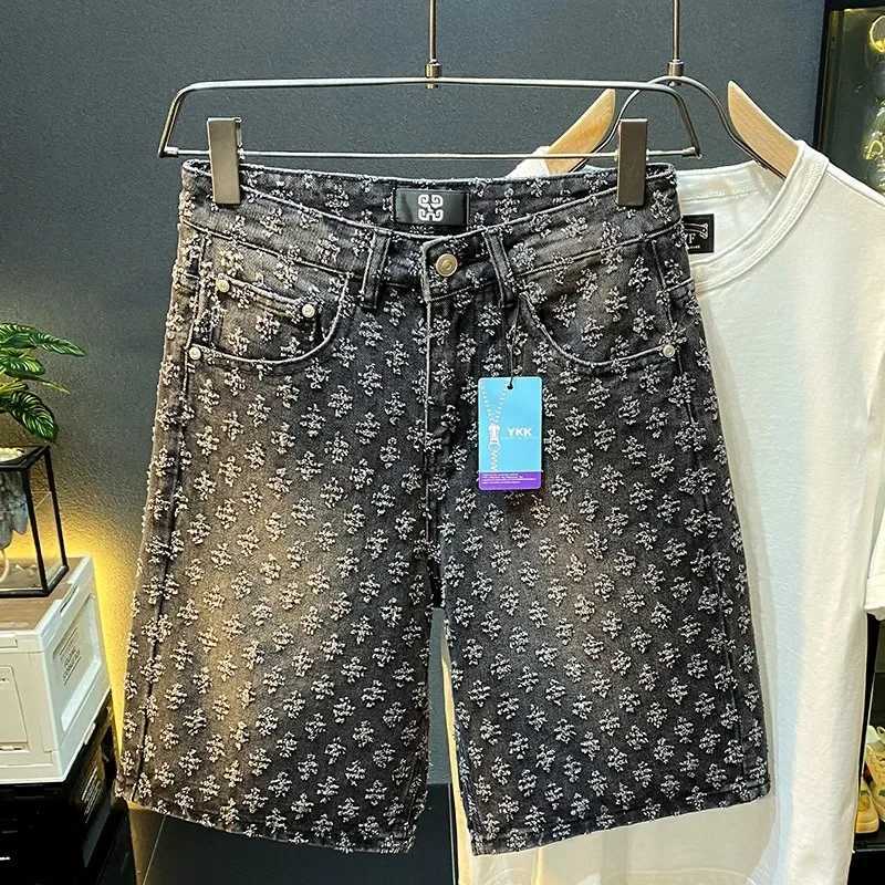 2024 Summer Black Laundry Denim Shorts Mens Jeans Shorts Designer Street Fashion Loose Straight Leg Mens Fifth Pair PantsT250324
