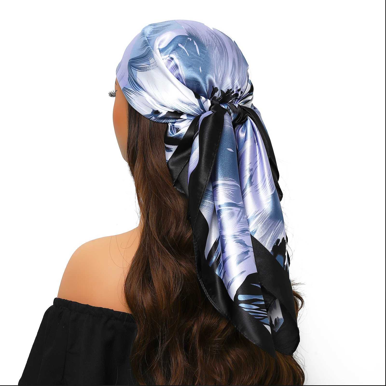 90 * 90cm Square Silk Scarf Wenxiao Printed Satin Headscarf Fem Luxury Brand Square Womens Muffler Cover with Pareo Girl X250324