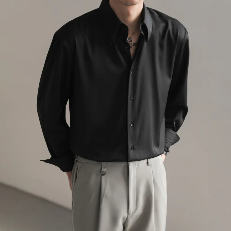 Black White Shirt Men Fashion Social Mens Dress Shirt Korean Loose Long Sleeved Shirt Mens Office Formal Shirts Ice Silk M-2XL 250319