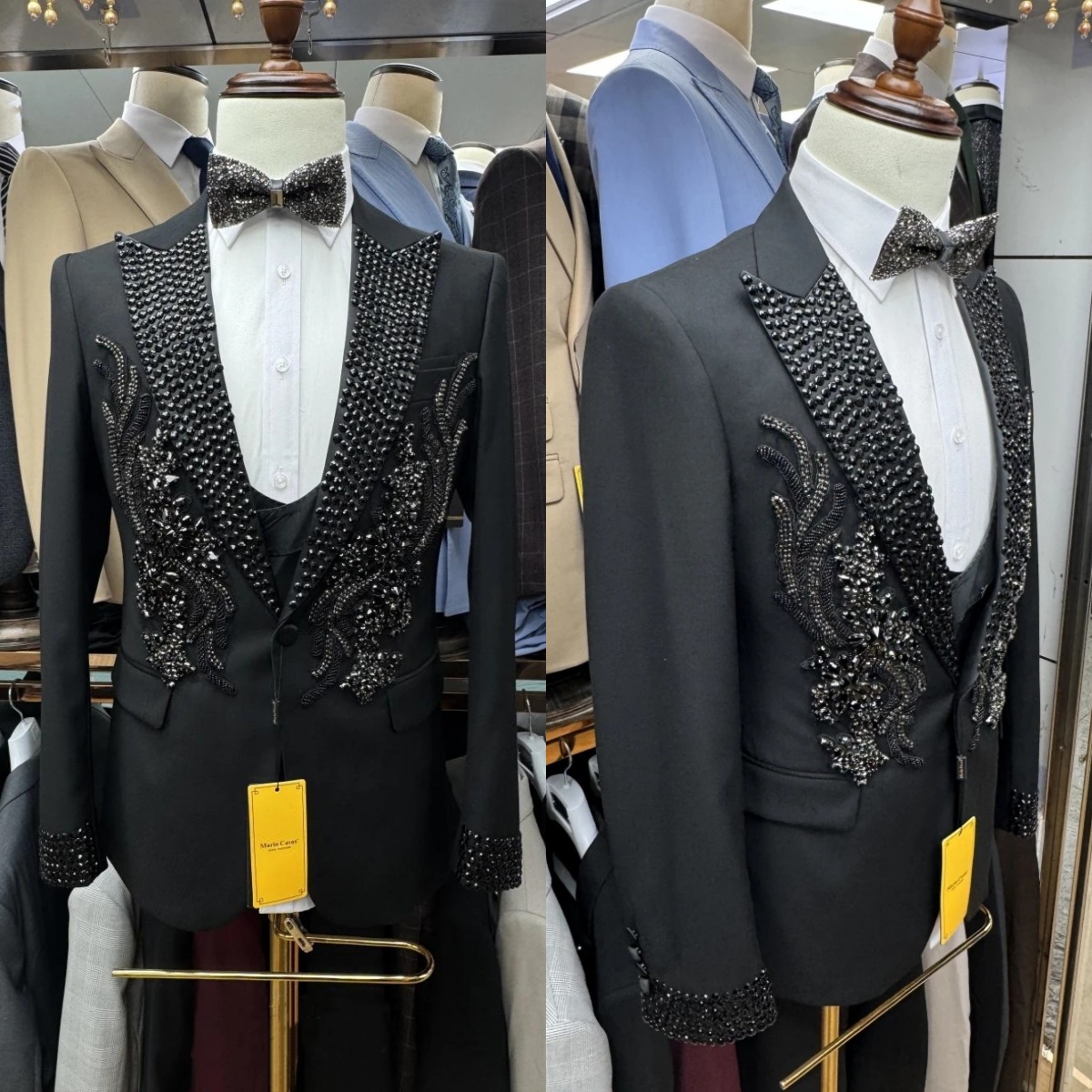 Men Suits for Wedding Appliques Beaded Tailor-Made Peaked Lapel Suit Tuxedos 2 Pieces Set One Button Groom Blazer Coat+Pants Prom Party Formal Occasio