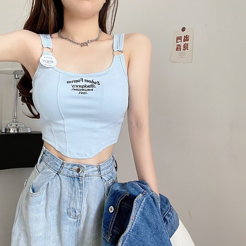 2025 New Pure Desire Designer Letter Embroidered Small Vest Women's Pure Cotton Spicy Girl Outdoor Slim Short Beach Infrared Top