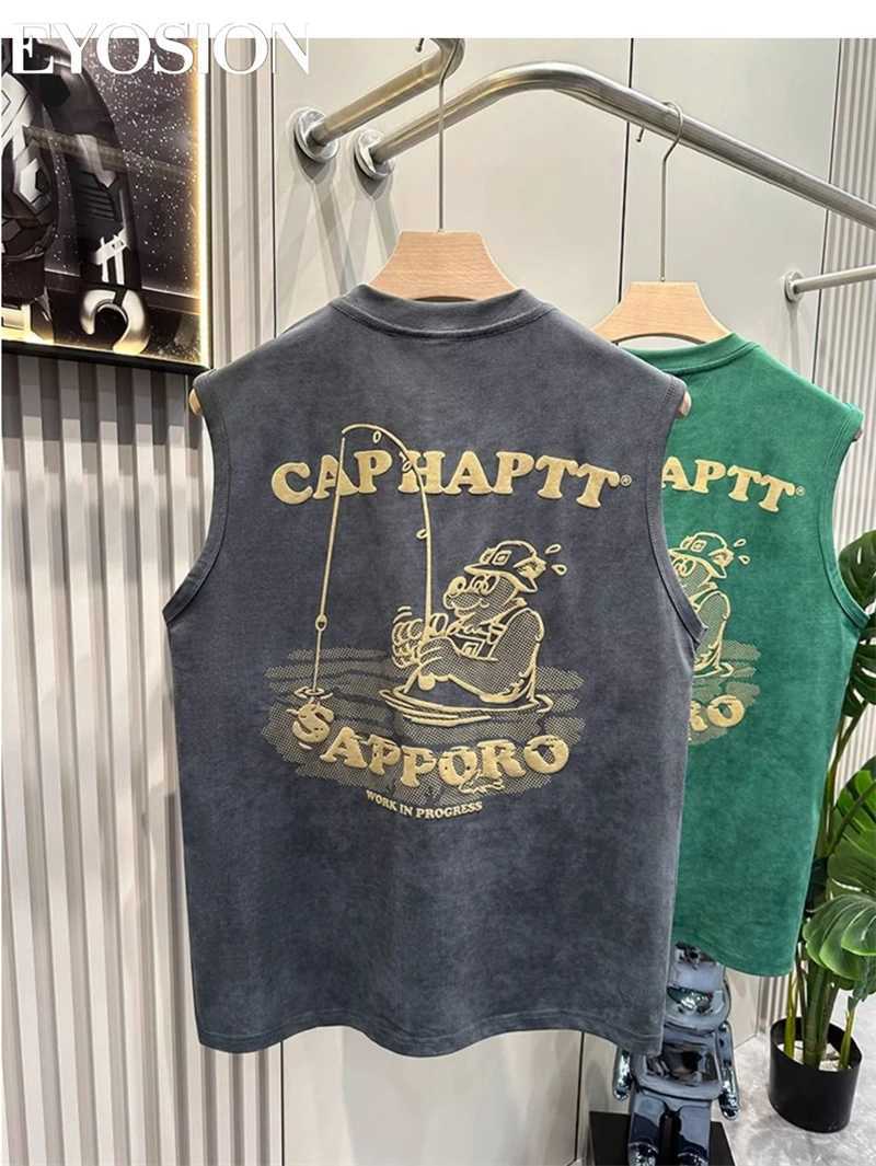 Mens sleeveless tank T-shirt for street fitness sports and leisure summer letter cartoon print top cotton round neck tee 4XL X250324