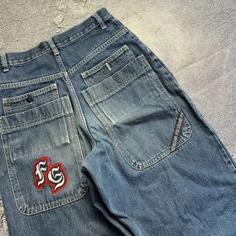 2025 Blue Letter Embroidery New High-Quality Straight Wide-Leg Street-Old Washing Trendy Sports Fashion Jeans Design Sense Pants
