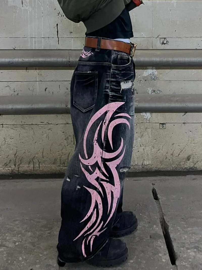 American New Fashion Vintage Plus Size Washed Blade Print Baggy Jeans Ladies Y2k Streetwear Slim High Waist Wide Leg Drop Pants