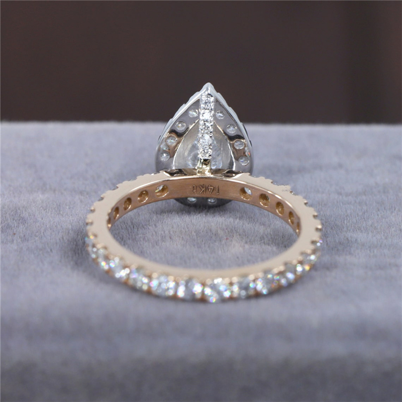 Jewelry 0.70 Carat Pear Cut Lab Diamond Halo Two Tones Fashion Style Engagement Solid Gold Ring For Women 18K 14K Real Gold