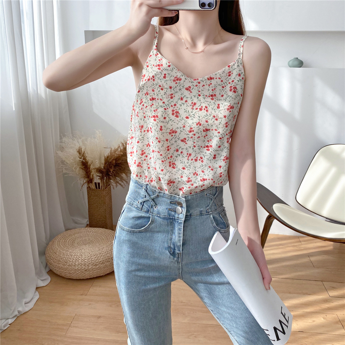 Korean Version Versatile Loose Camisole For Women In Summer 2025 Wearing Chiffon Small Floral Bottom Vest And Top Inside Trendy Trend