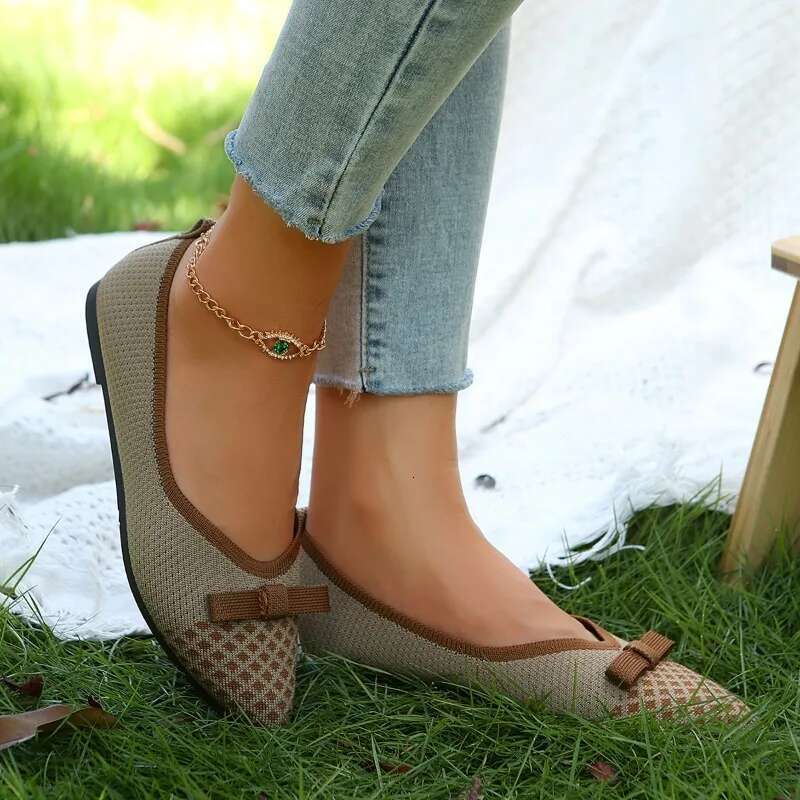 New Woman's Knitted Skateboard Breathable Comfortable Bow Style Walking Shoes Casual Toes on Flat