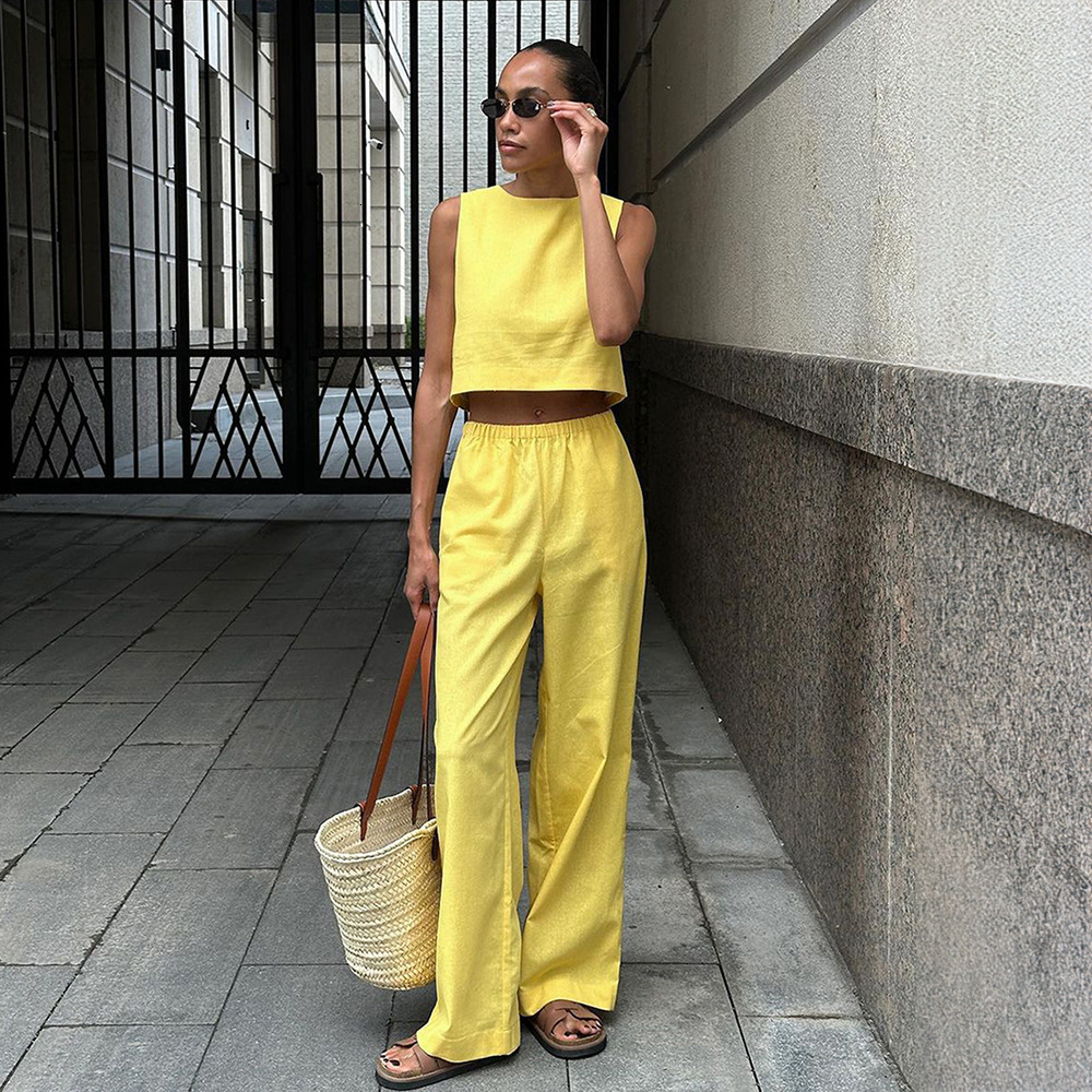 Cotton and linen spring/summer 2025 new sleeveless short top+wide leg pants set for women