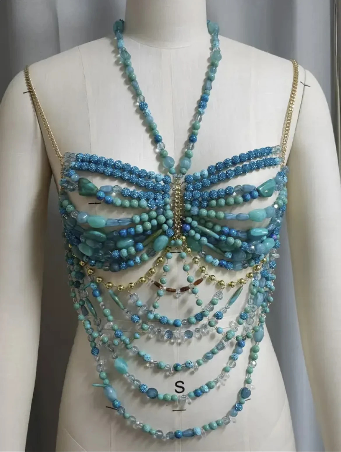 sexy womens handmade sparkling turquoise beads body chain hollow bikini bra top holiday beachwear underwear 250324