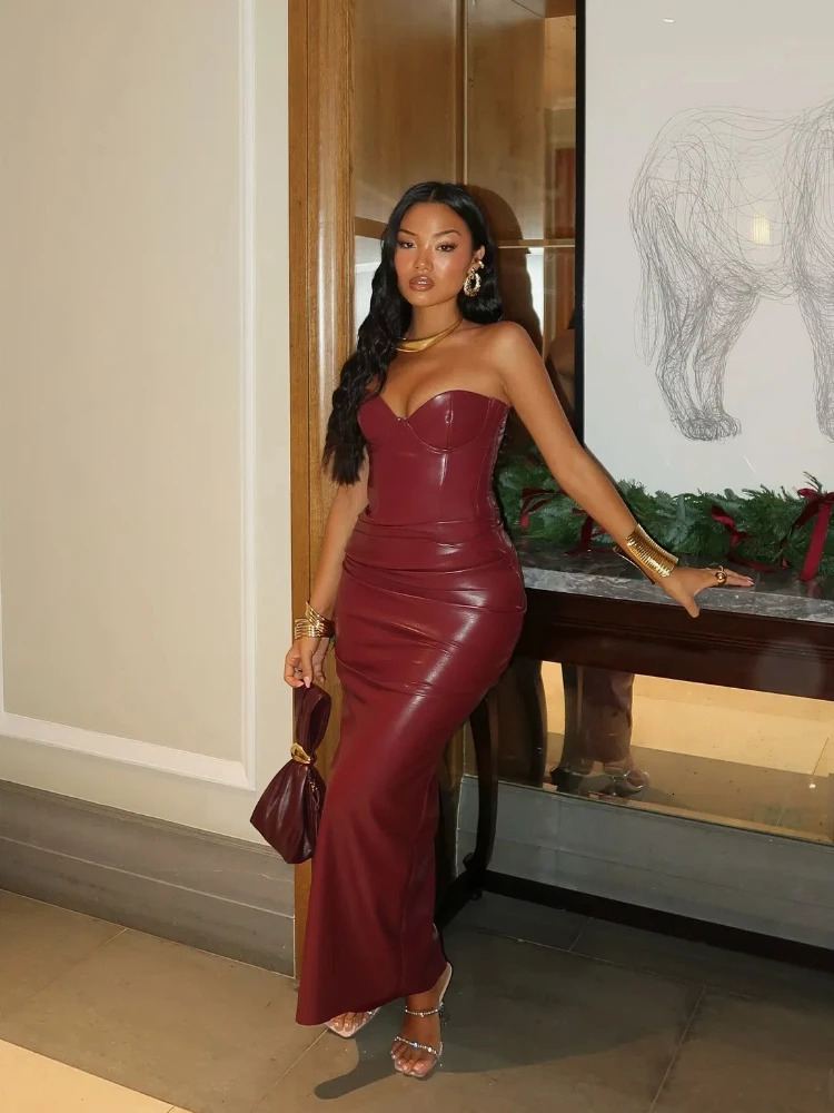 Elegant Backless Burgundy Leather Zipper Sleeveless Tight Long Dress Woman High Waist Wrinkles Dresses Lady Party Club Gown 250322