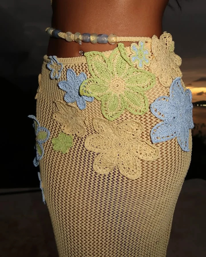 Crochet Knit Corsets Top Skirt Set Women Colorful Flowers Hollow Out Backless Crop Vest Top Midi Skirts Lady Suits Vacaion Beach 250324