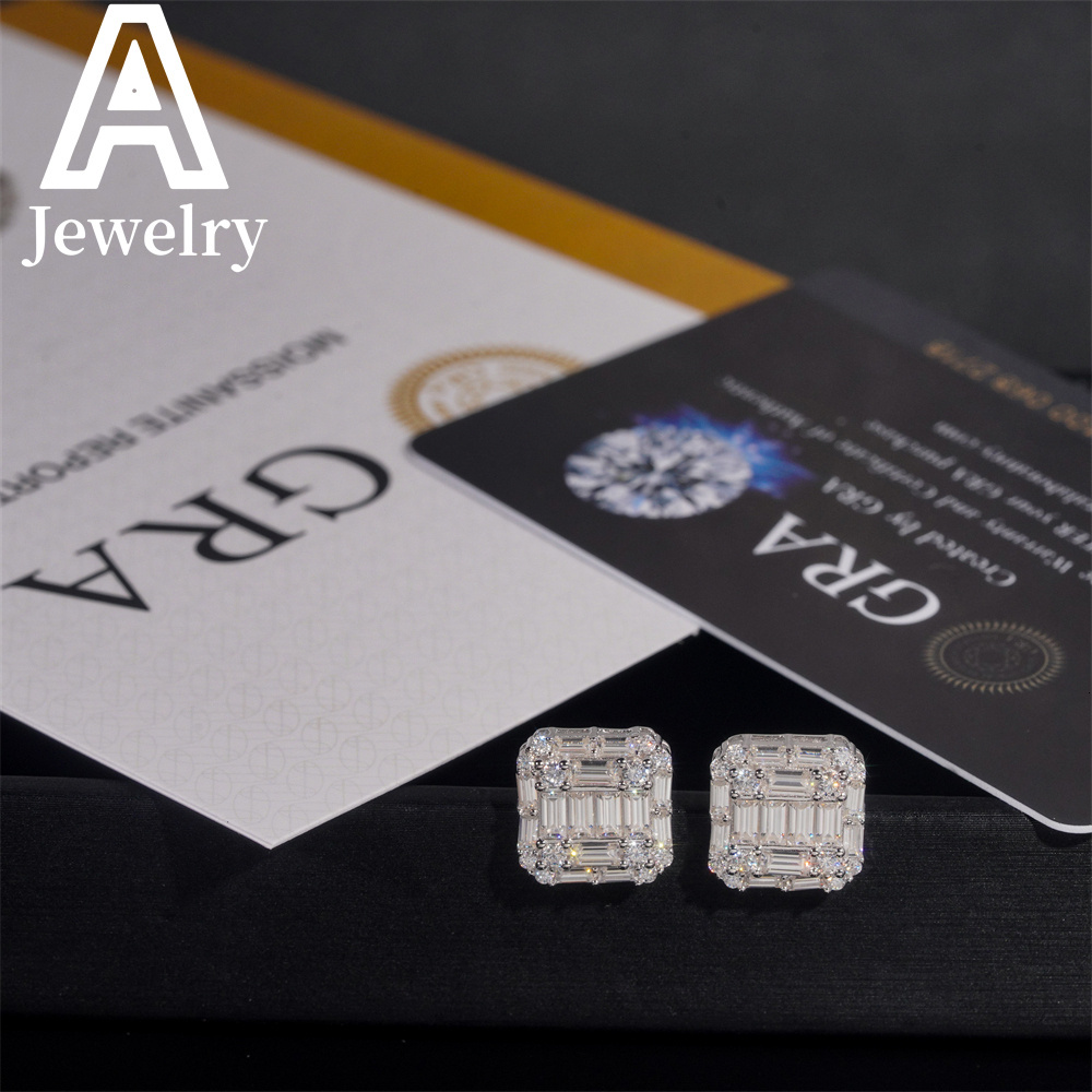 Fine jewelry Hip Hop Baguette Moissanite Square Shape s925 Silver Mens VVS Moissanite Stud Earrings