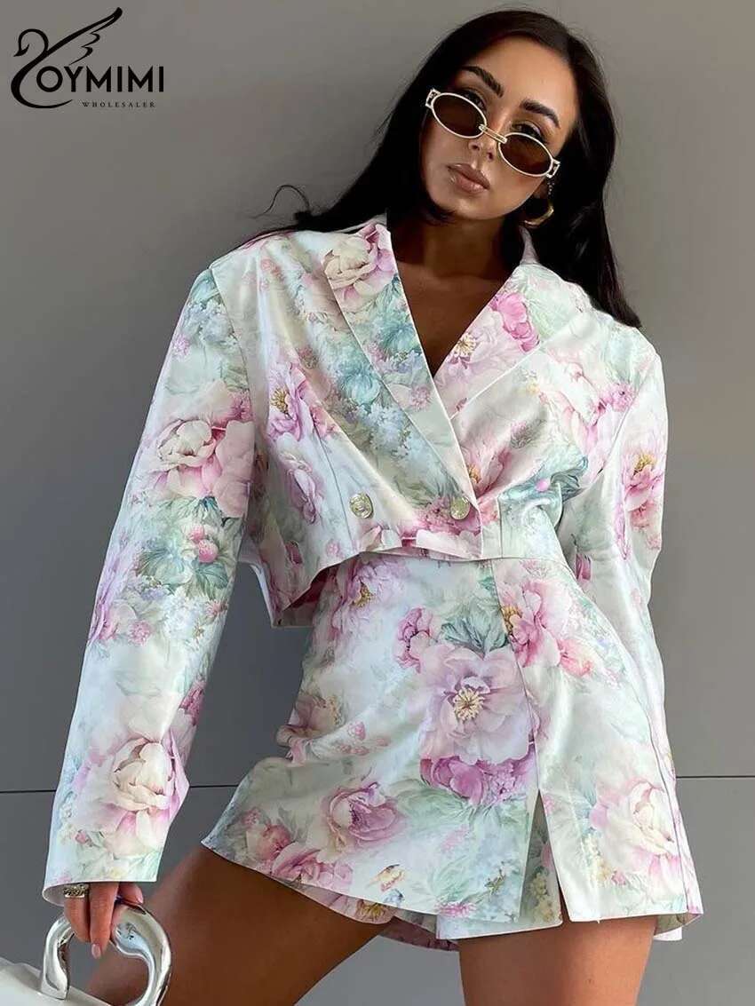 Causal Pink Print 2 Piece Sets Women Outfit Elegant Long Sleeve Double Breasted Crop Shirts And Side Slit Mini Skirts Set