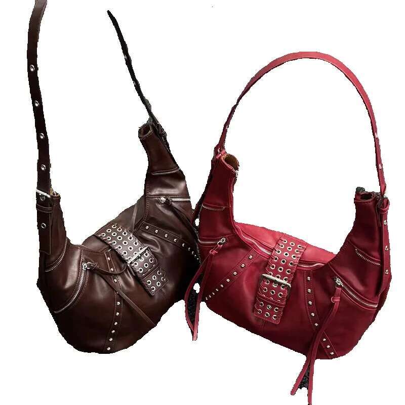 Brand Retro Motorcycle 2025 New Wax Leather Cool Croissant Bag Rivet Zipper Design Shoulder Crossbody Dumpg Armpit Bags