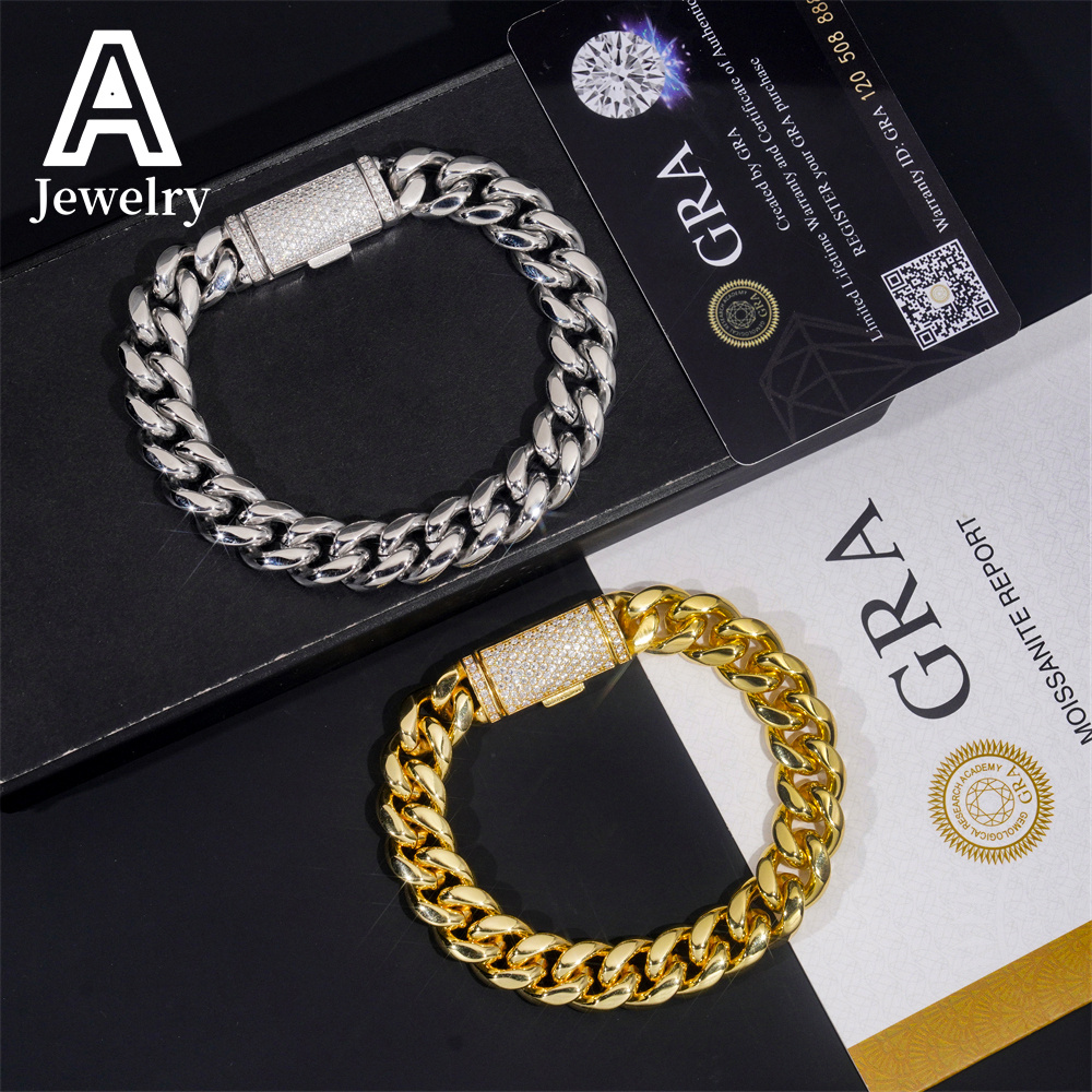 Hip Hop 12mm Wide 316L Stainless Steel Cuban Chains 925 Silver VVS Moissanite Lock Fashion Men Necklace Bracelet
