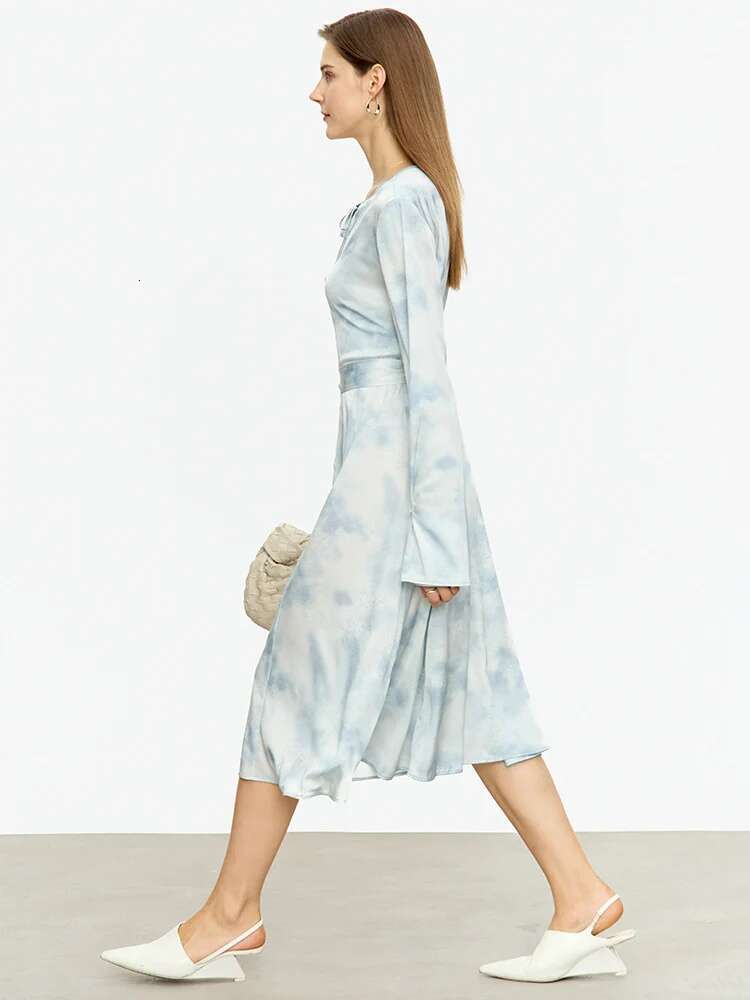 AMII Minimalism Women Dresses 2023 Autumn New Chinese Style Lace Up Print Flare Sleeve Diagonal Collar Female Vestidos 12343255