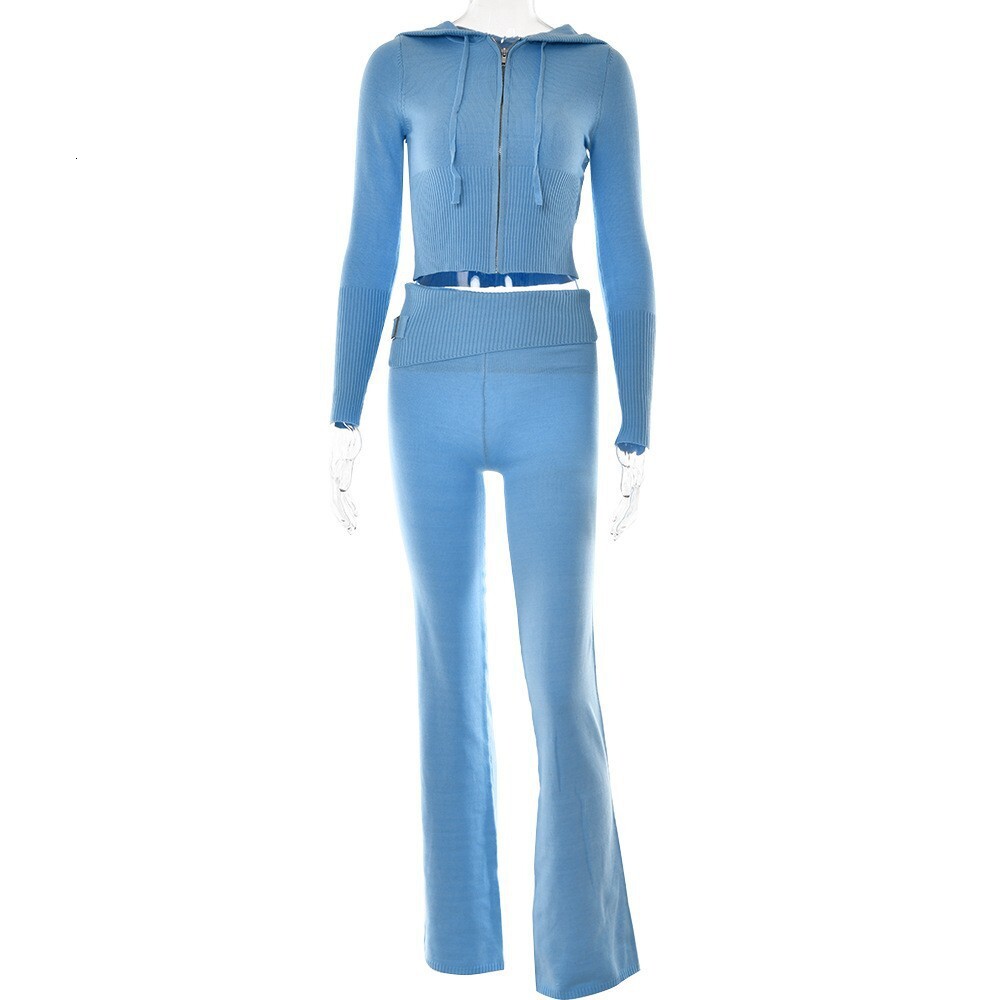 2023 New Knitted Hoodie Women's Fashion Sexy High Waist Long Sleeve Pants Two Piece Set