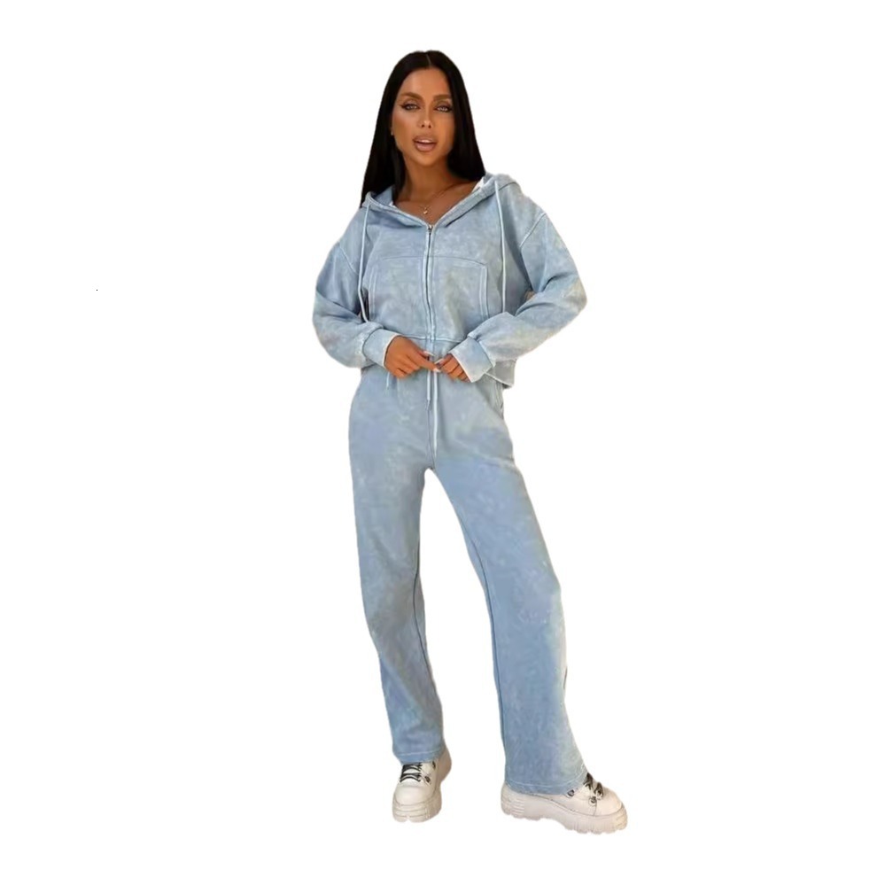 New vintage washed up hooded sweatshirt for women's high-end autumn straight leg pants solid color two-piece set