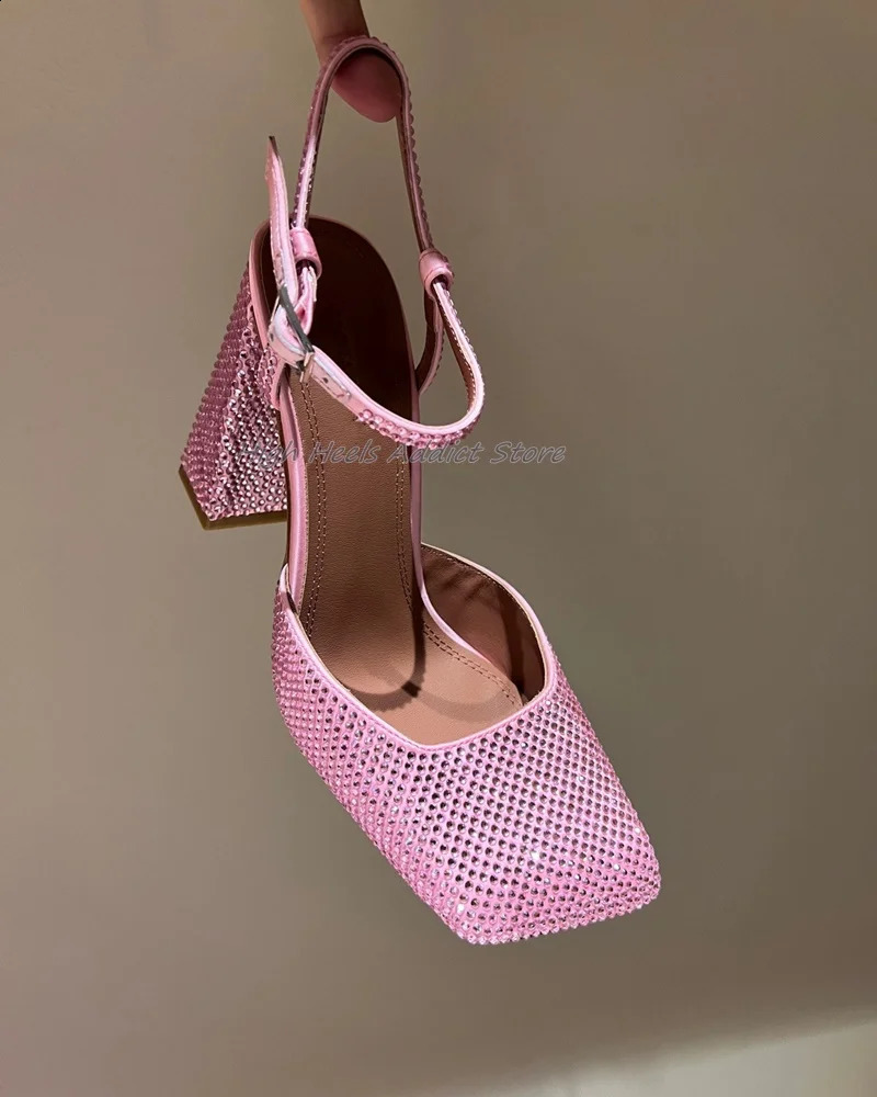SqUAre Toe crystal chunky Heel Sandals Summer Satin Sexy High Heels Leather Shoes for Women Big Size 250322