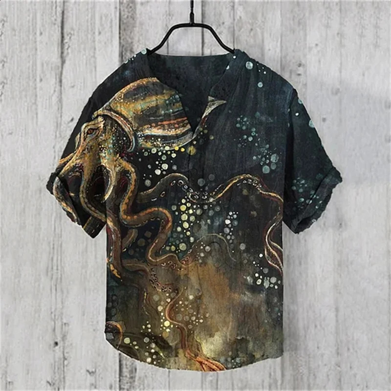 Summer Mens Vneck Short Sleeve Tshirt Casual Print The Great Wave Off Kanagawa Linen Blended Shirt Clothing Tees Tops 250311