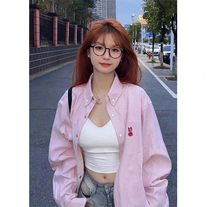 Korean Embroidered Sweet Solid Color Striped Polo Neck Long Sleeve Shirt for Womens Spring Simple Office Womens Full Match Top 250318