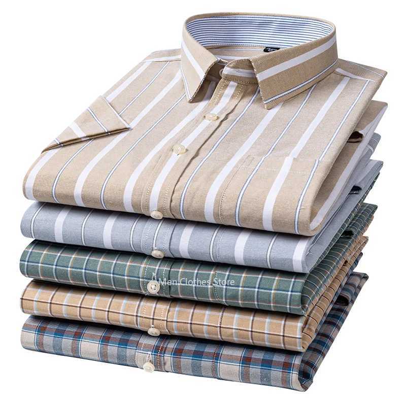 Mens summer short sleeved Oxford pure cotton striped solid color comfortable and breathable business casual mens clothing X250324