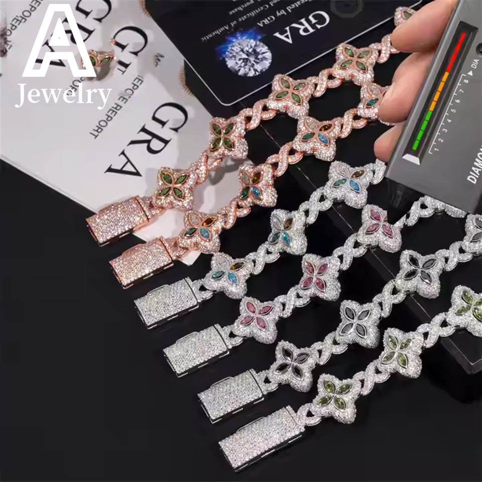 New Arrival Colorful Natural Gemstones Cuban Link Bracelet 15MM Hip Hop Jewelry Silver Marquise Moissanite Cuban Bracelet