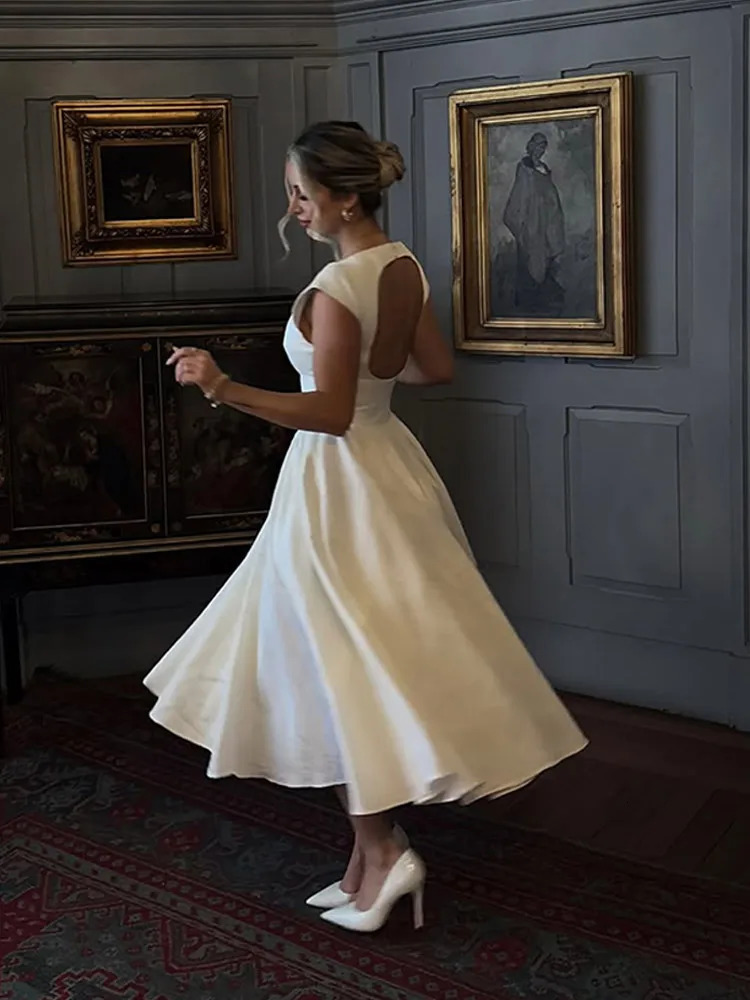 Fashion Backless O-neck A-line Dress For Women Elegant Short Sleeve High Waist Maxi Dresses 2025 Street Vocation Robes 250324