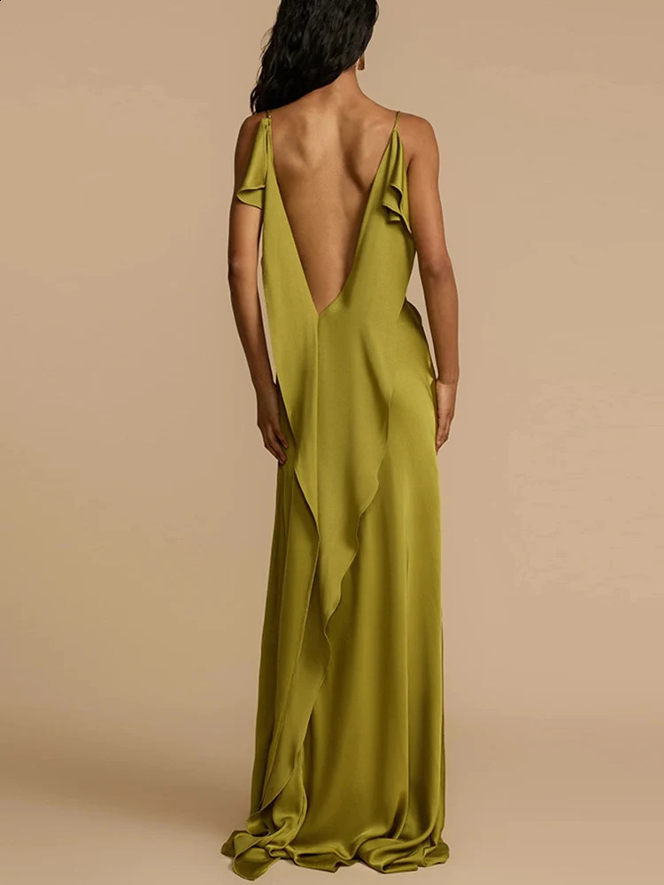 Drauuing Womens Summer Green Seam Long Dress Fashion Backless Hollow Skirt Pendant Satin Vestdos 250322