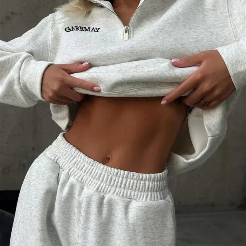 Autumn Womens Tracksuit with Zipper Cotton Oversize White Casual Two Piece Set Women Classic Sports Trouser Suits for Women 250322