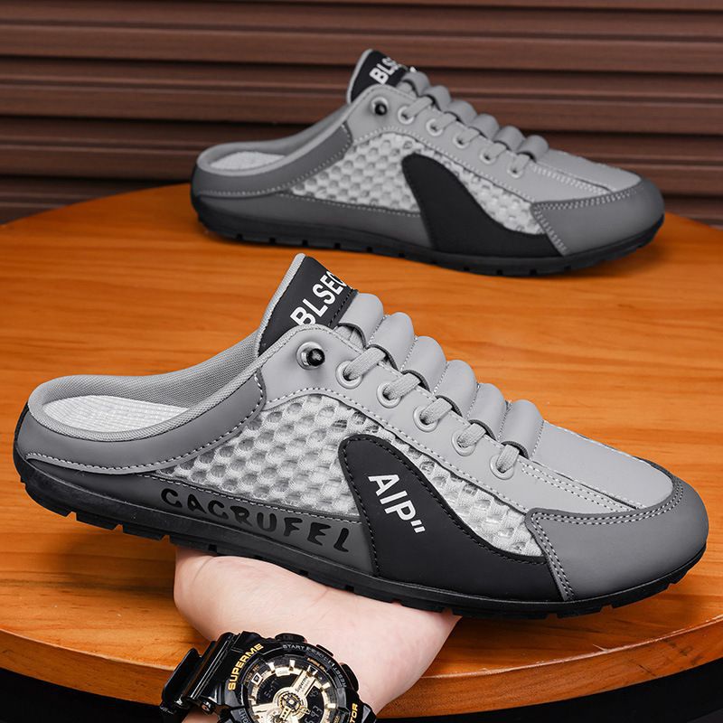 designer shoes 2025 Summer mesh breathable hole sandals for men thin style men's shoes Men's lazy one-step slip-on backless toe cap slippers