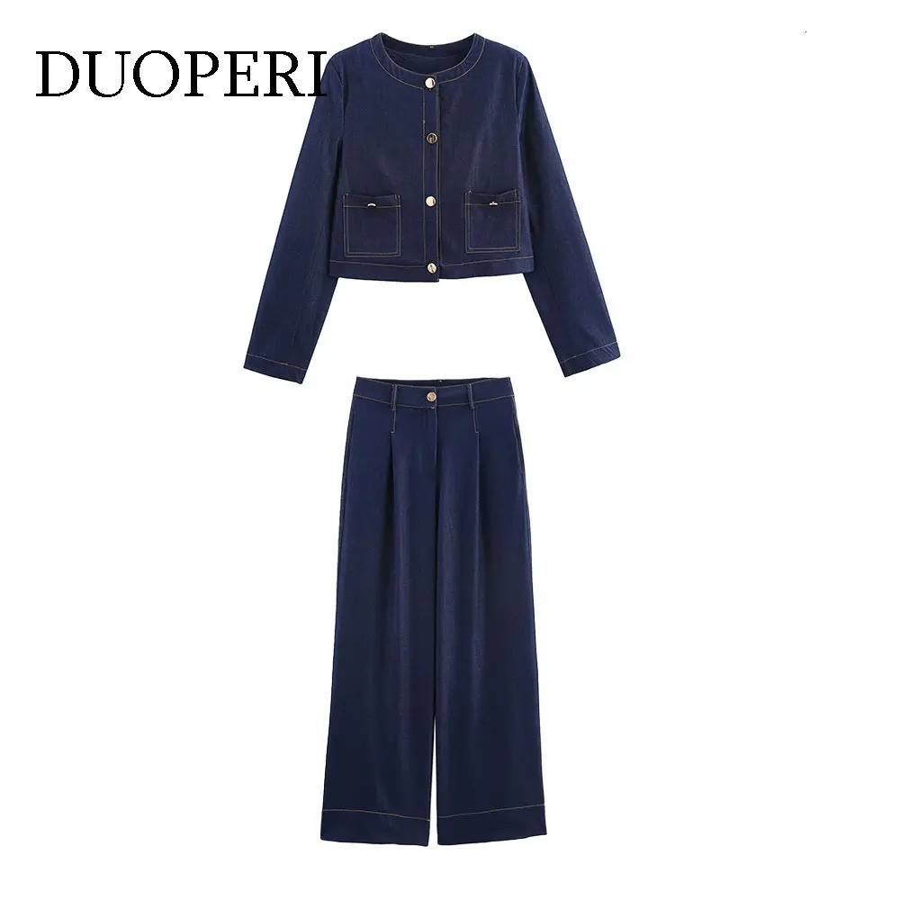 DUOPERI Womens Fashion 2piece Set with Pocket Denim Solid Jacket and Jeans Mens Pants 250324