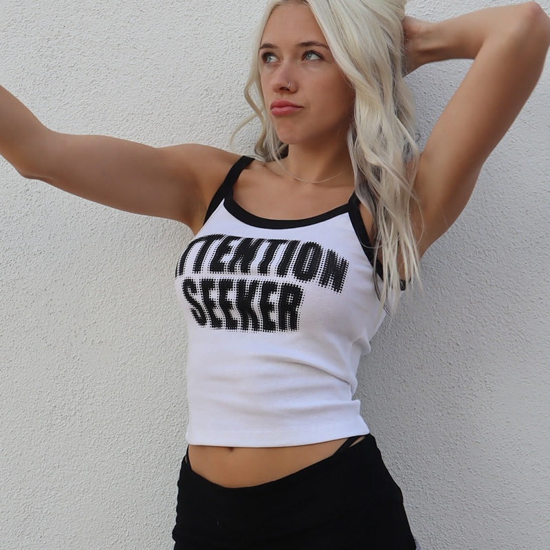 2025 Summer Hot Girl Letter Printed Open Navel Slimming Nightclub Style Women's Sleeveless Strap Small Tank Top