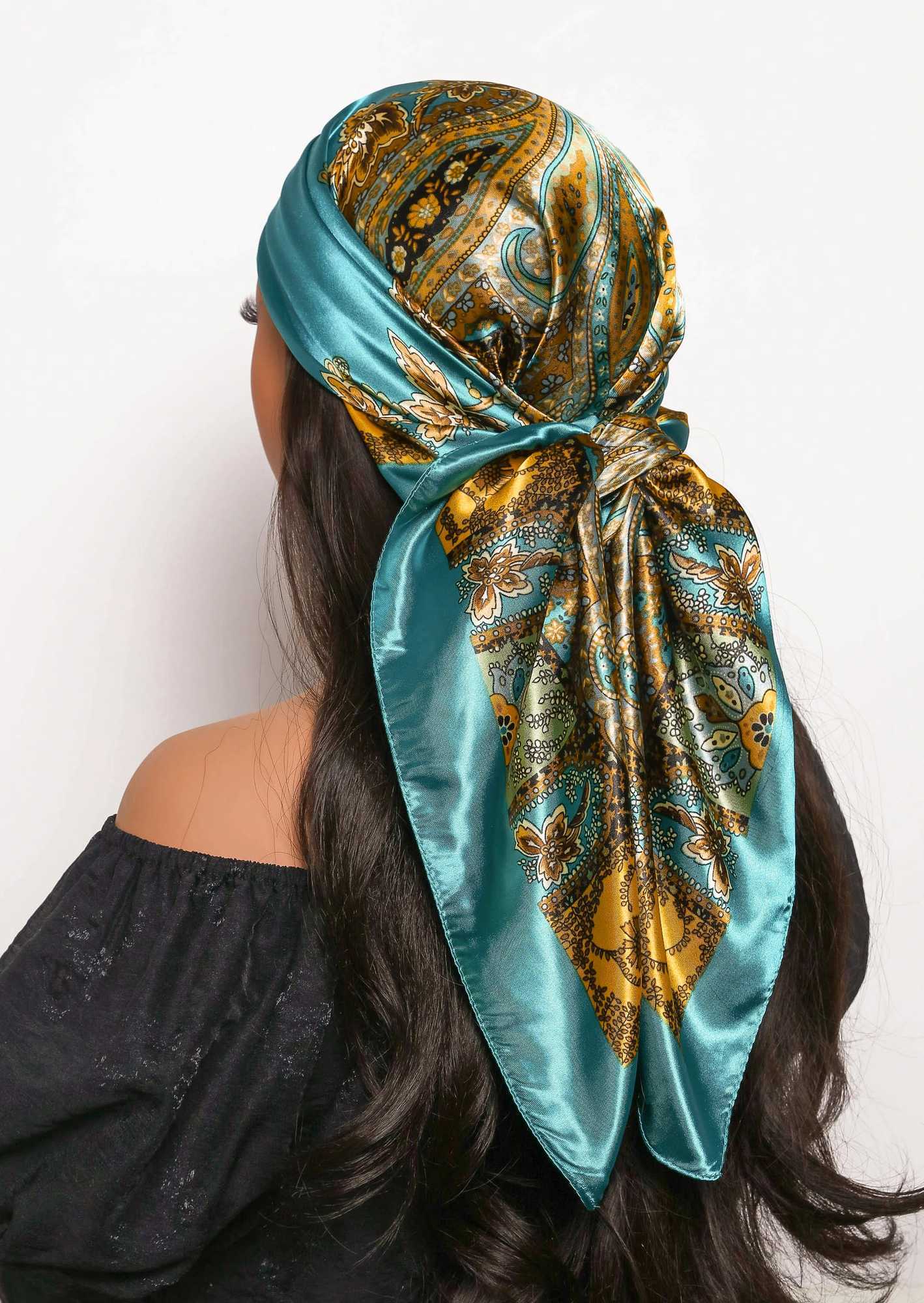 Spring satin square scarf Muslim headscarf elegant print silk collar shawl wrap handle hair accessories bandage X250324