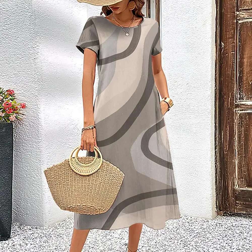 Elegant Women Dress Summer Short Sleeves Dresses Streaks Printed Woman Clothing Loose A-E Skirt Casual Round Collar Pullover