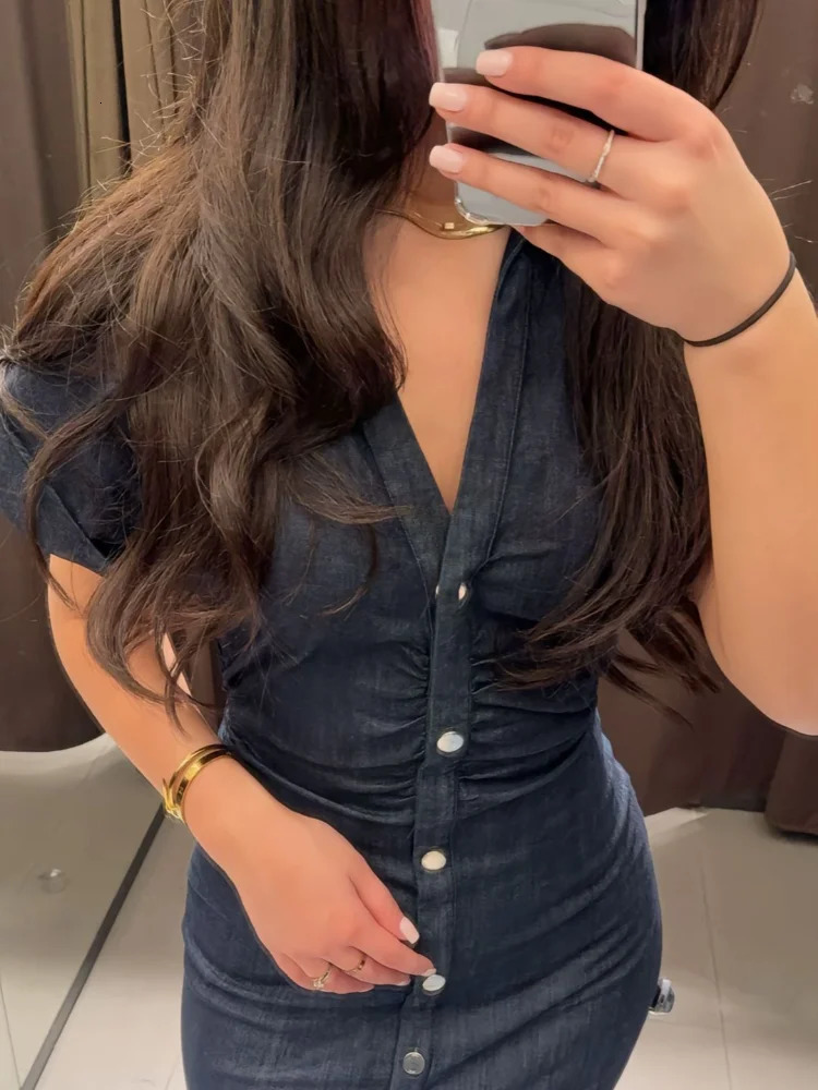 Fashion 2025 Spring Women Solid Denim Slim Long Dress Chic V Neck Single Breasted Short Sleeve Dresses Lady High Street Outfits 250324