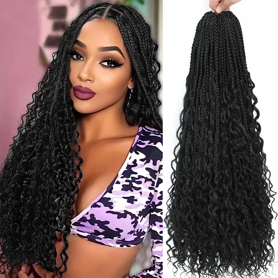 Goddess Bohemian Box Braids Crochet Hair - 36 Inch Curly Ends, 6 Packs Synthetic Curly Wave Ends Pre Looped Braiding Hair Extensions For Thin Hair Dai