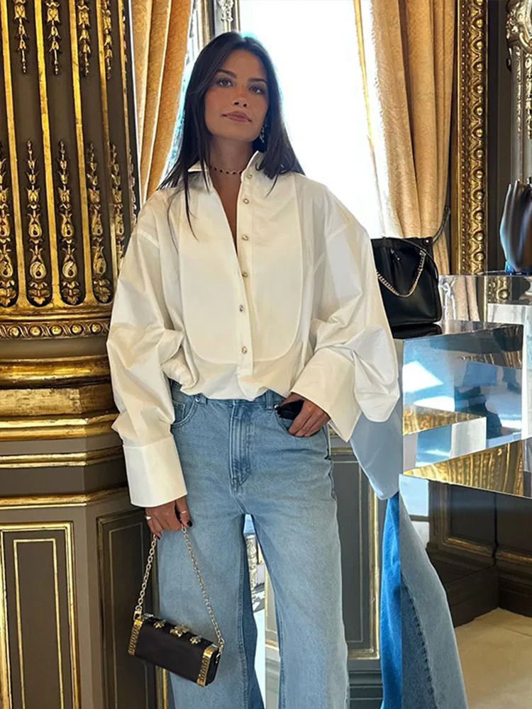 Loose chiffon shirt womens white lapel lantern sleeve single chest irregular hem shirt womens spring fashion womens shirt 250322