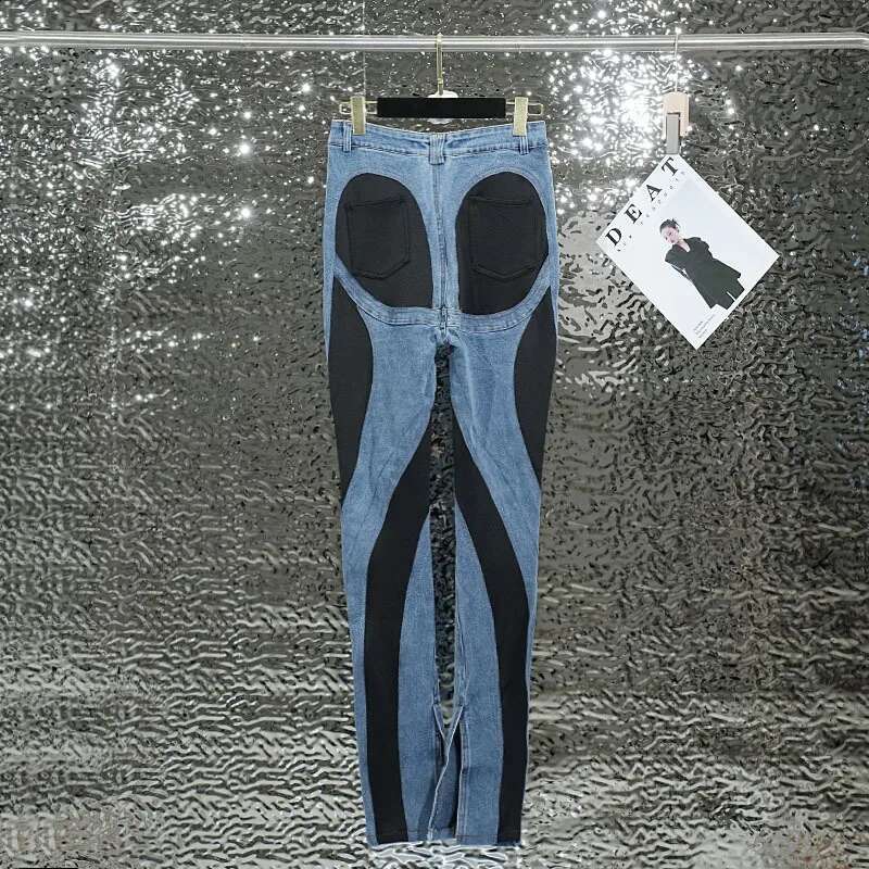 DEAT 2024 Autumn New Fashion Women's Patchwork Contrast Color Jeans Stretch High Waist Split Long Denim Pants Female 1Df2575