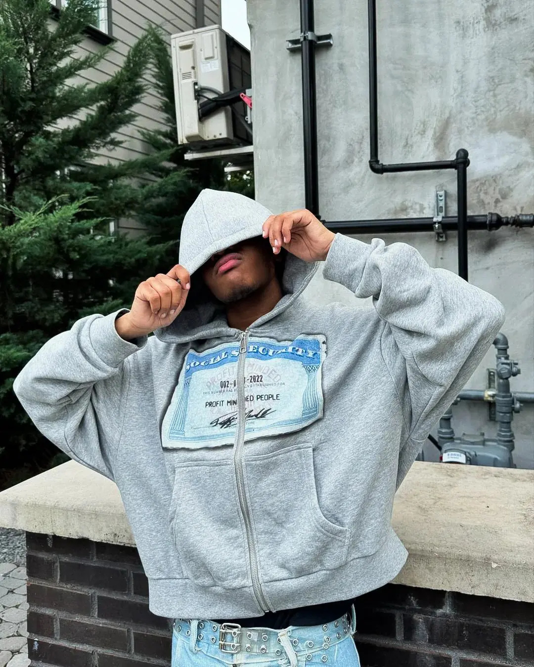 Grey hoodie mens sportswear streetwear money pattern printed zipper retro long sleeved American punk winter warmth 250324