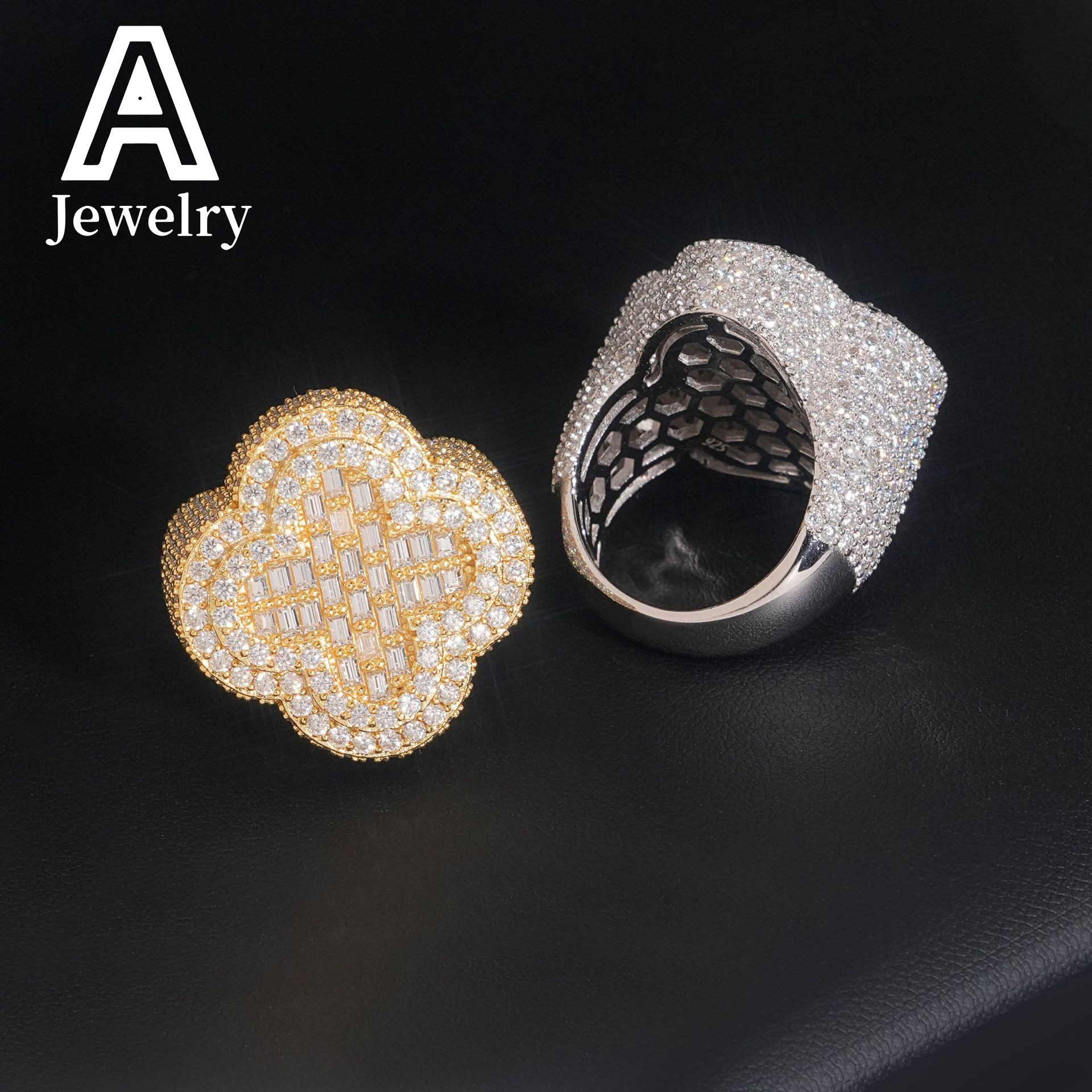 Iced out 18k gold plated baguette cut S925 ring fashion hip hop jewelry four leaf clover ring