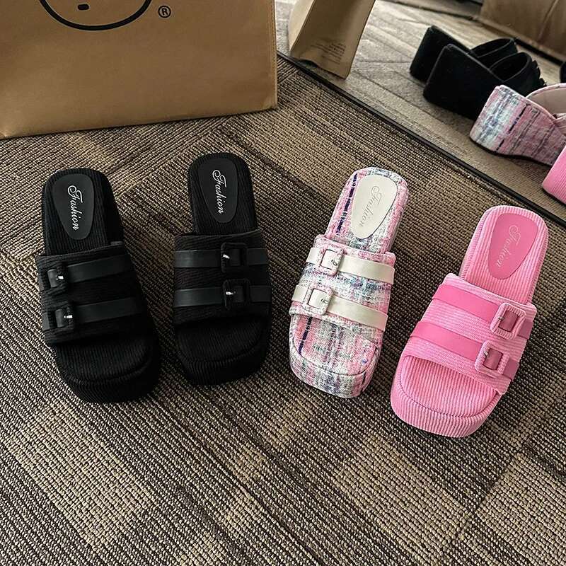 Square Head Platform Slippers Belt Buckles Corduroy Open-toe Women Summer New Designer Shoes Fashion Wedge Sandals
