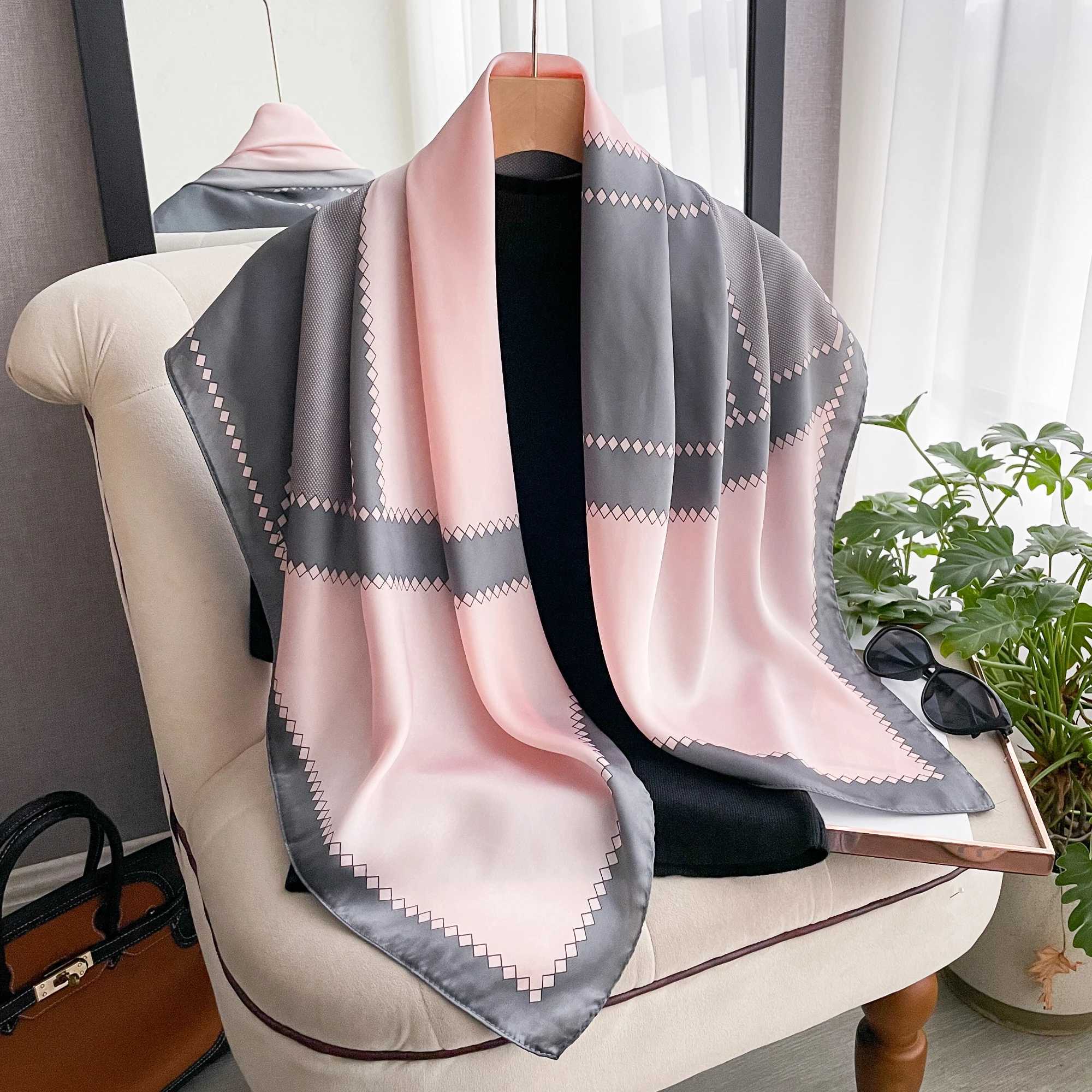 Luxury silk scarf warm summer foard satin square headscarf womens brand shawl 90 * 90 silk scarf Muslim headscarf X250324