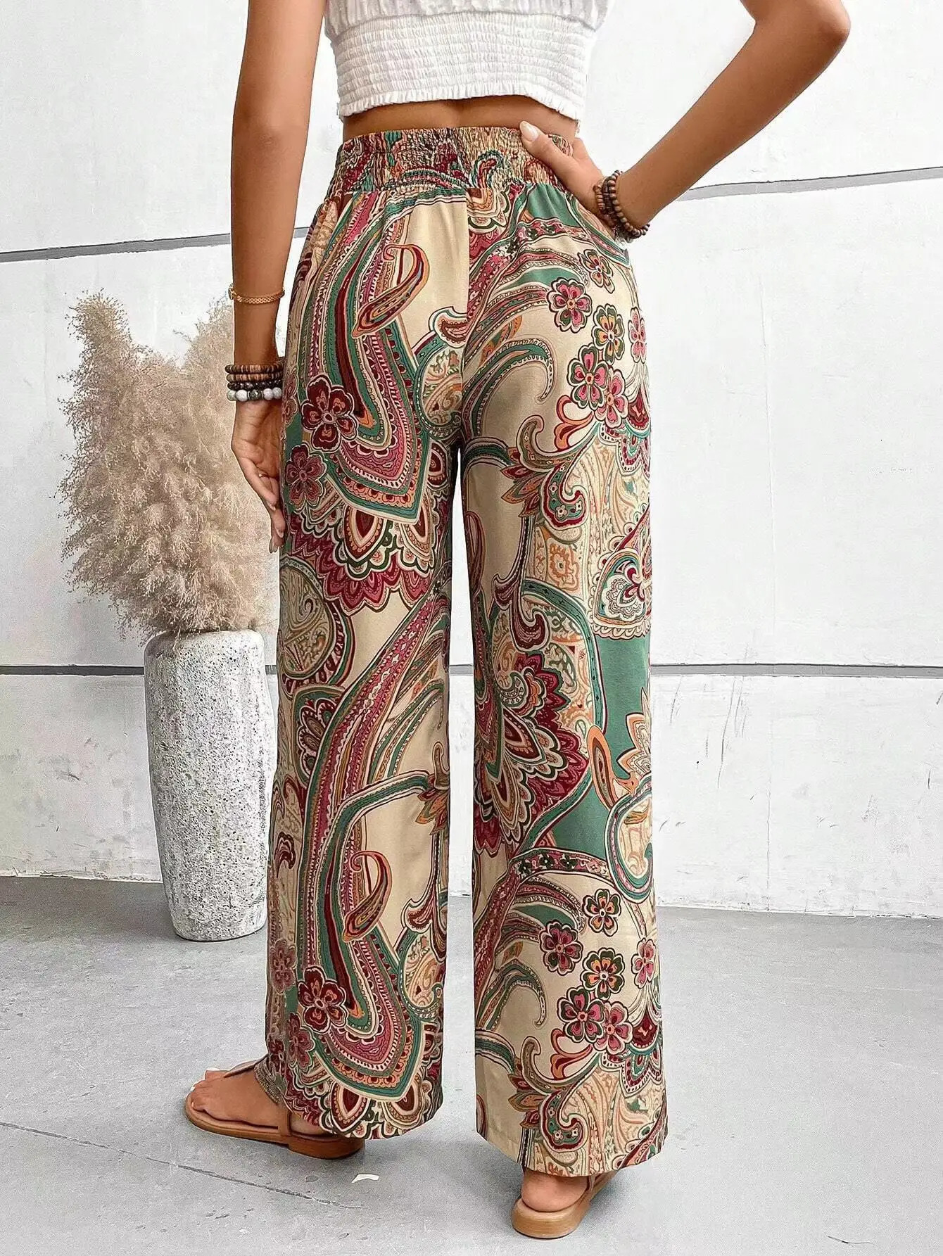 Fashionable retro printed wide leg pants for womens casual high waisted Trouser 2024 springsummer office clothing 250324