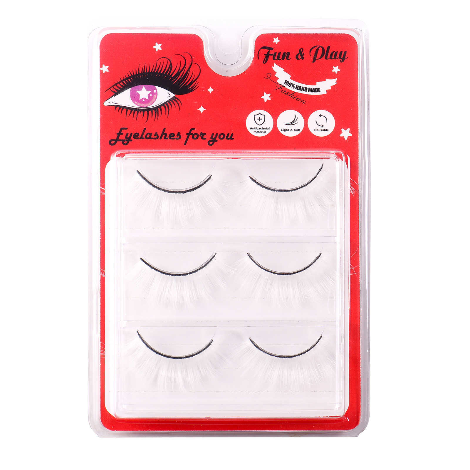 New Exaggerated Holiday Style White False Eyelash 3-Pair Set Long Short Synthetic Eyelash W250324