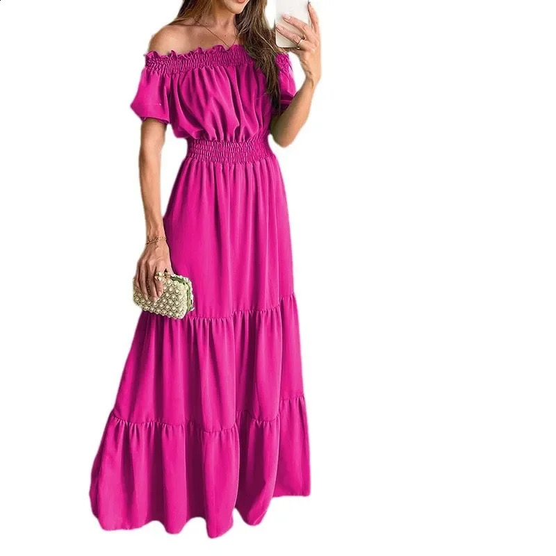 Summer Womens Dress Elastic Waist Short Sleeve One-Shoulder Pure Color Loose Fit Maxi Dress Fashionable Casual Gown 250318