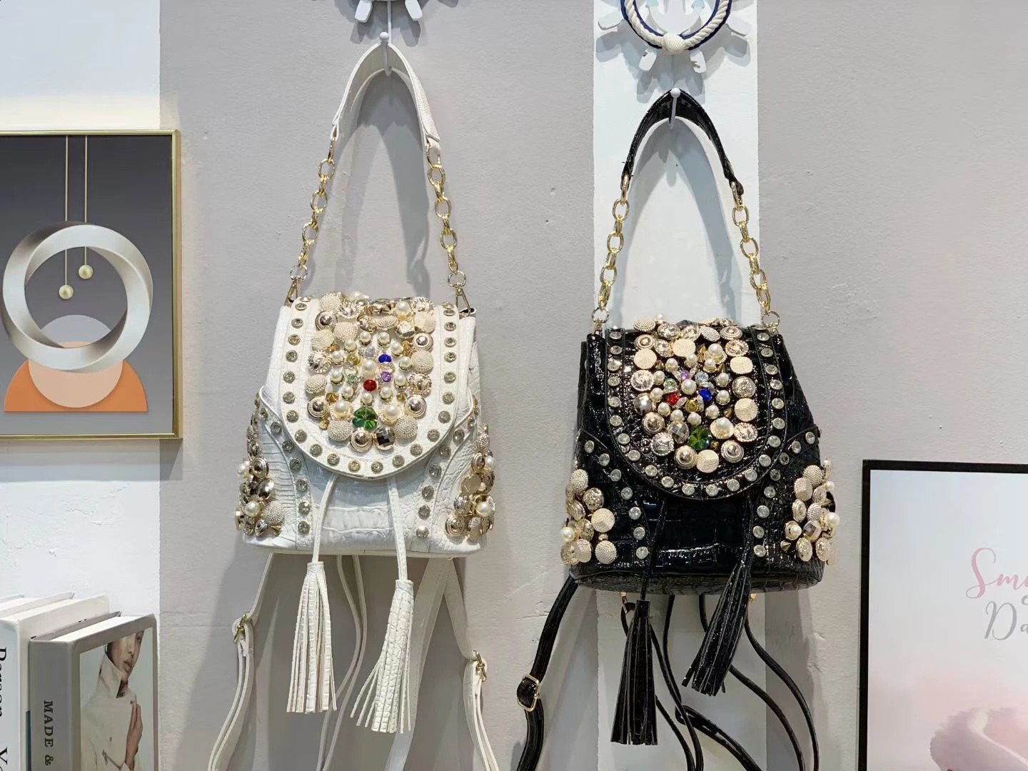 Rhinestone Backpack Female bead diamond bucket shoulder bag casual backpack chain messenger bag 250318