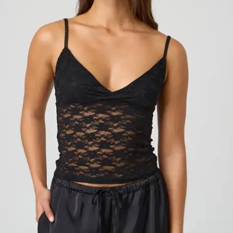 Maemukilabe floral lace camis top womens sexy sleeveless see through shirt vest Coquette V-neck backless crop top womens club uniform 250320