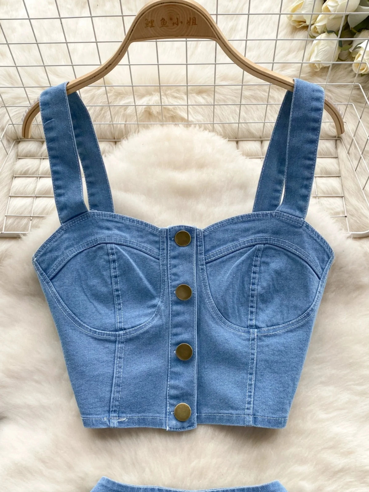 Women Blue Denim Sets Summer Sexy Single Breasted Short Strap Tops And Mini Jean Skirts Suits Ladies Clothes 250324