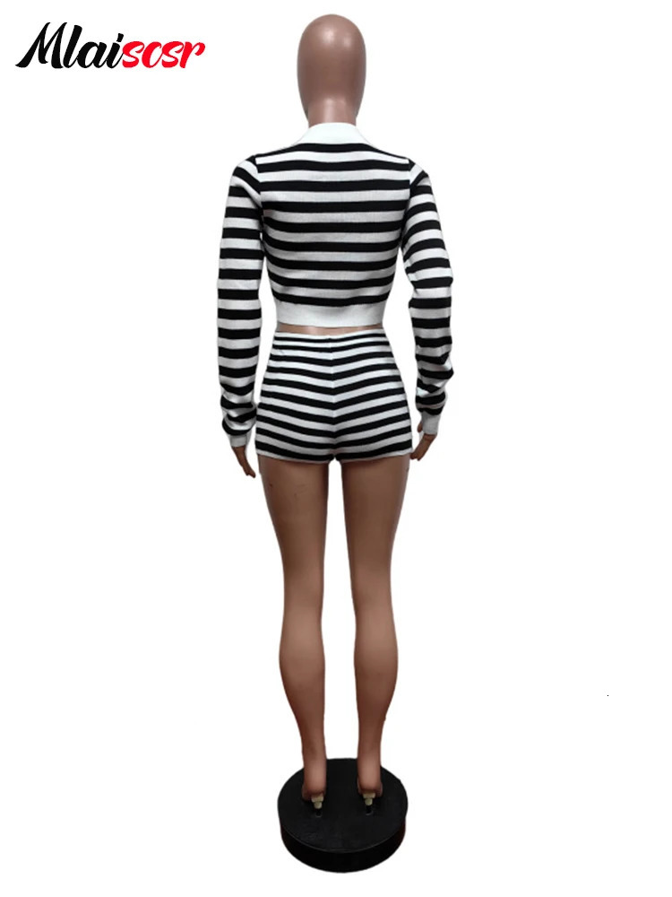 Mlaicsr Fashion Knitted Black and White Stripe 2-piece Womens Long Sleeve Top and Elastic Waist Shorts Set 250322